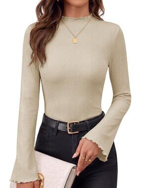 Women's Khaki Ribbed Mock Neck Bell Sleeve Slim Fit Stretch Knit Top Shirt